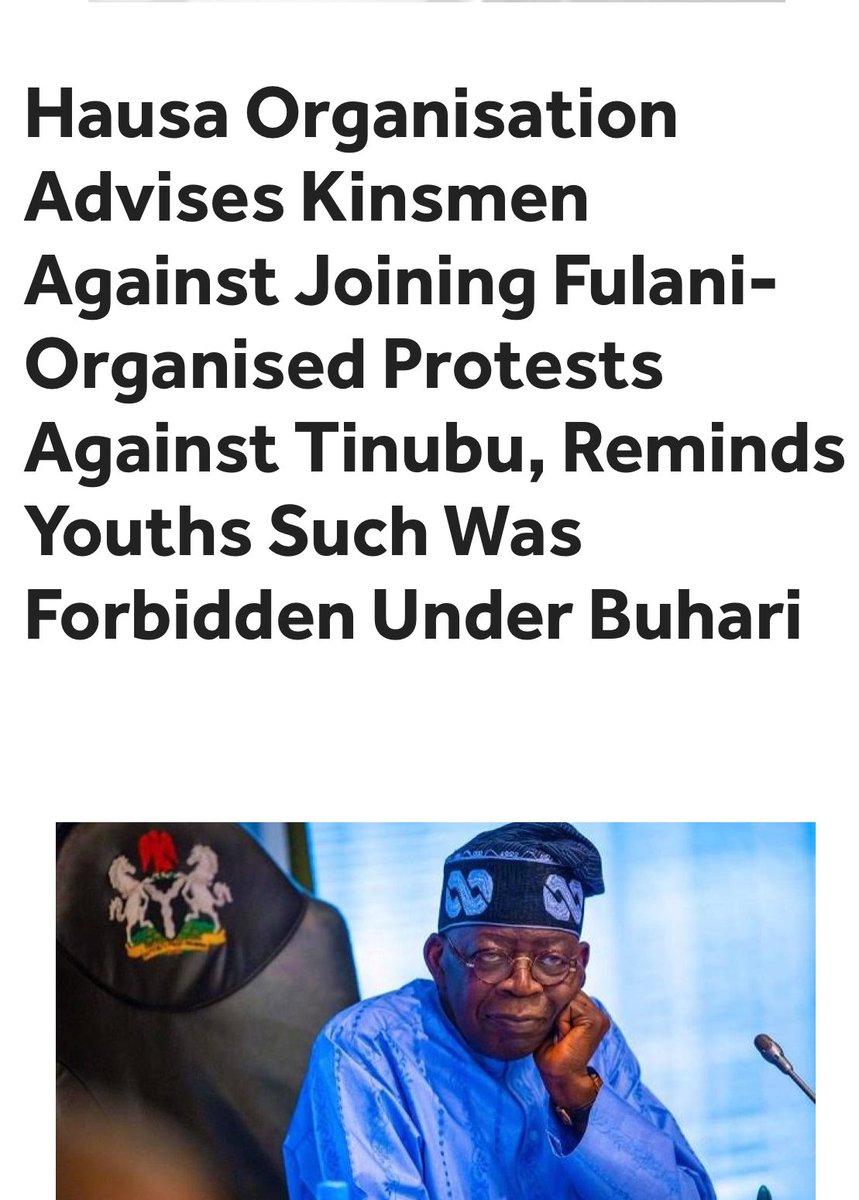 ChinasaNworu's tweet photo. Over 7 million of Hausawa were killed within the 8 years rule of Buhari. They forbid protests against Buhari's when Nigerians genuinely called for it, citing Islam that it was unIslamic to protest against the government or its leaders!
“Has the same Islam now permitted protests against the government? This we must not forget!
“The Hausawa Tsantsa is hereby dissociating itself from this protest in all its ramifications.

“That they want to use hunger in the land and LGBTQ as a basis for the protest is hypocritical because it was the unabetting attacks on farms and farmers that caused food shortages.

“We have nothing to do with it whatsoever and we are calling on all native nationalities of Nigeria to similarly dissociate themselves from these evil plans against our dear native land.

“We once again pledge our loyalty to the federal government of Bola Ahmed Tinubu and pray for God's guidance and protection over him, his family and the government of Nigeria.

“We equally pray for the Chief of Defense Staff and teams of his military for more wins on their side as they tackle terrorism, banditry and all manner of felony against the Nigerian state. We pray for the peace and well-being of Nigerians.”

SaharaReporters recently reported that a former federal lawmaker and human rights activist, Senator Shehu Sani, had alleged that there were plans by northern political forces to use former President Muhammadu Buhari to undermine the government of President Tinubu.

During an interview with Arise News TV, Sani alleged that there are indications of a political realignment underway in the North, aimed at mobilising support against President Tinubu's government.

He claimed that certain political forces are seeking to exploit President Buhari's influence as a rallying point to galvanise opposition and potentially destabilize the current administration

Sani said, “It is a tradition, a culture, a norm or a ritual that each time you have a Sallah celebration, prominent people do visit the former President of this country, but I must clear the air by making a point.

“First of all, there is evidence of rallying of forces, regrouping of political forces from the North trying to use former President Buhari as a rally point in order to evict the government of Asiwaju Ahmed Bola Tinubu."
@real_IpobDOS 
@radiobiafralive @IgboHistoFacts