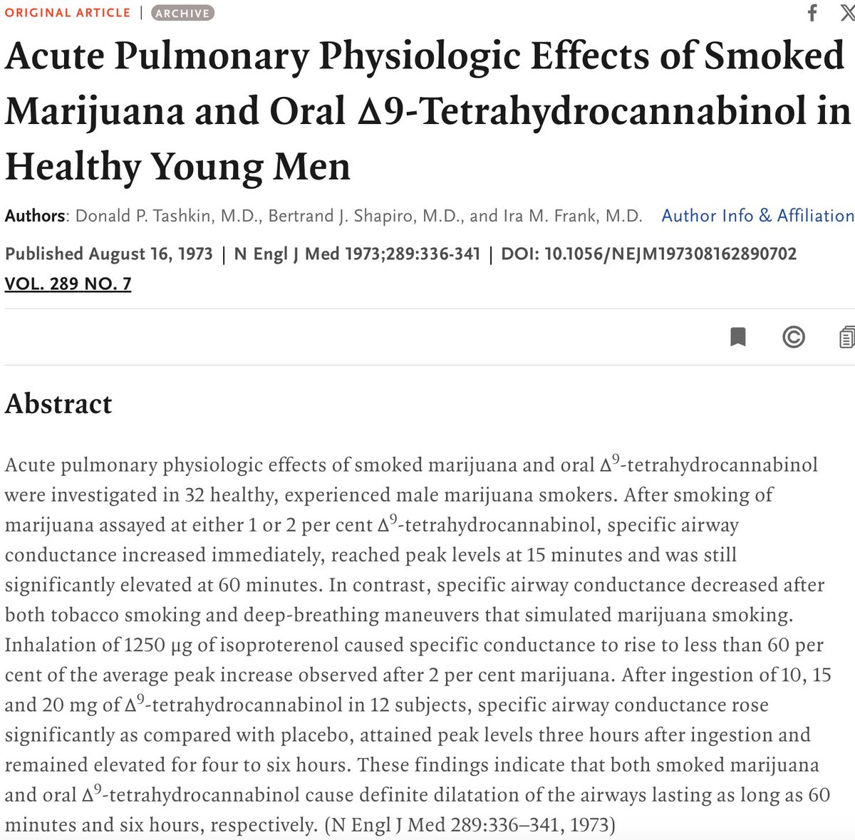 Smoking is the unhealthiest way to consume cannabis, but I also hate bad science.

FACT: Smoking THC or oral ingestion of THC causes bronchodilation (opens up your airways).

THC increases airway conductance; tobacco smoke decreases airway conductance.

nejm.org/doi/full/10.10…