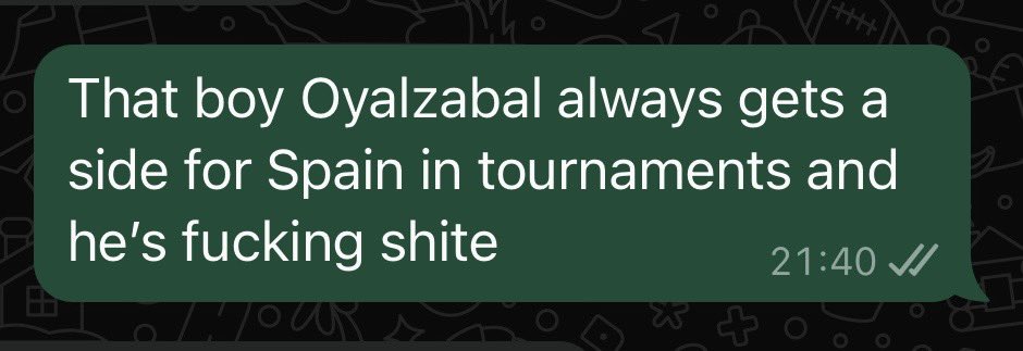 mccamcm's tweet photo. 21:40 - Me to the group chat.

21:45 - ESP 2-1 ENG (Oyarzabal, 86)

World, you’re welcome! https://t.co/M5g6244S8f
