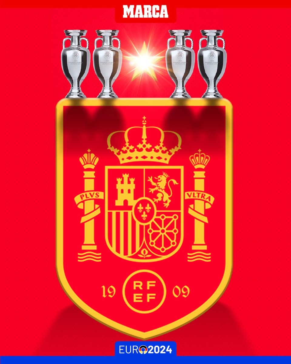 marca's tweet photo. En 2007 teníamos 1 Eurocopa... 🏆

En 2024, 17 años después, ¡4! 🏆🏆🏆🏆

👑🇪🇸 Reyes absolutos del torneo, ninguna selección ha ganado más  

#Euro2024 #FinalEuro2024 https://t.co/9aHYL3bTmZ