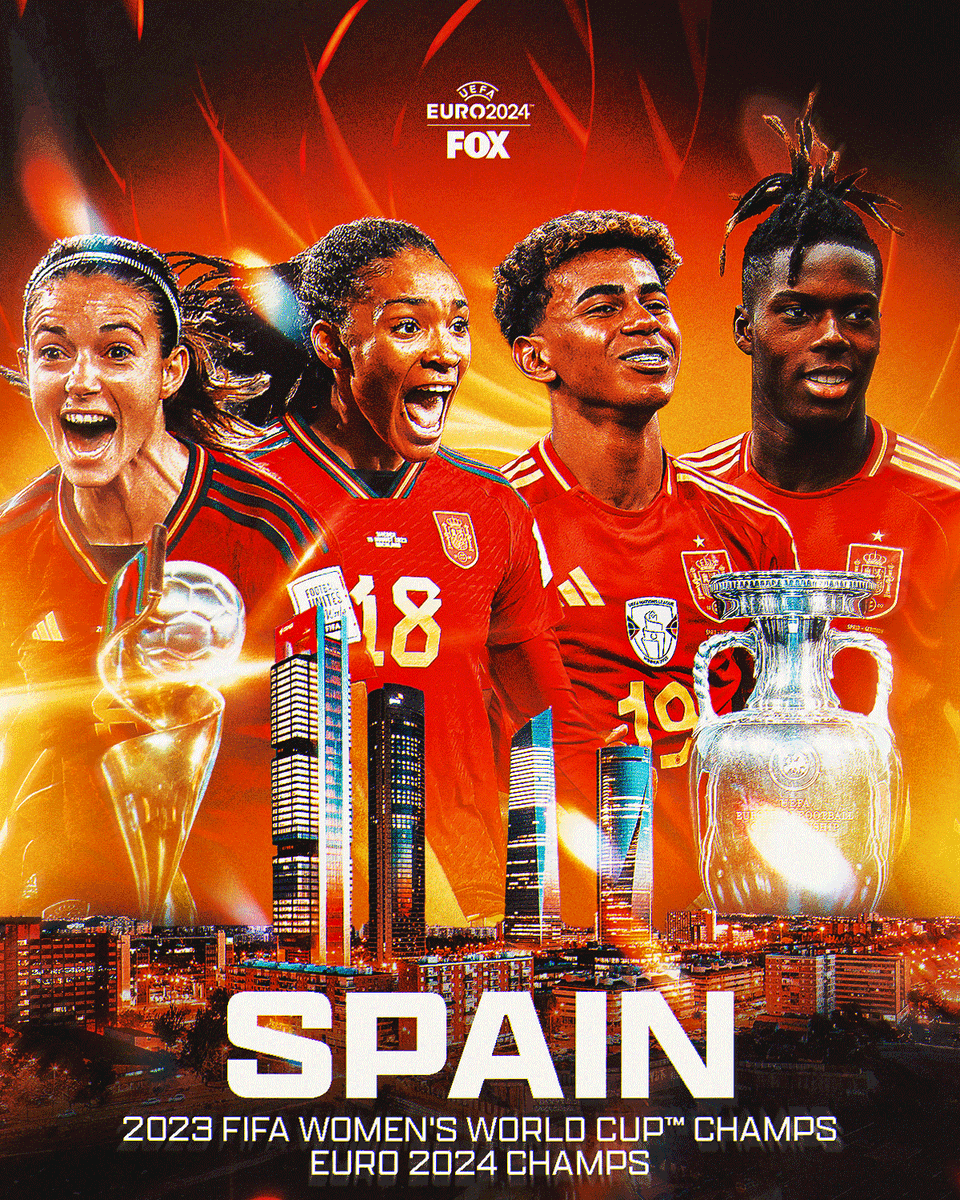 FOXSoccer's tweet photo. 2023 FIFA Women's World Cup Champs ✅
UEFA EURO 2024 Champs ✅

What a year it's been for Spain 🇪🇸👏 https://t.co/xBtOENPkWa