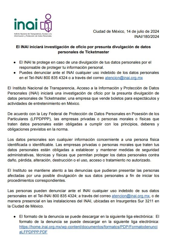 INAImexico's tweet photo. 📄#ElINAIteInforma

El INAI iniciará investigación de oficio por presunta divulgación de datos personales de @Ticketmaster_Me.

🔗 https://t.co/lYJlGP7L4K https://t.co/BCCwvBkKRz