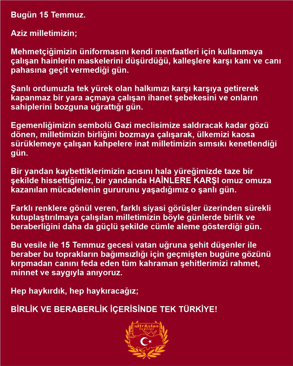 uAYurtici's tweet photo. 🇹🇷 Hep haykırdık, hep haykıracağız; 
BİRLİK VE BERABERLİK İÇERİSİNDE TEK TÜRKİYE! 🇹🇷 #15Temmuz 

#uAYurtiçi https://t.co/PQpZO347SO