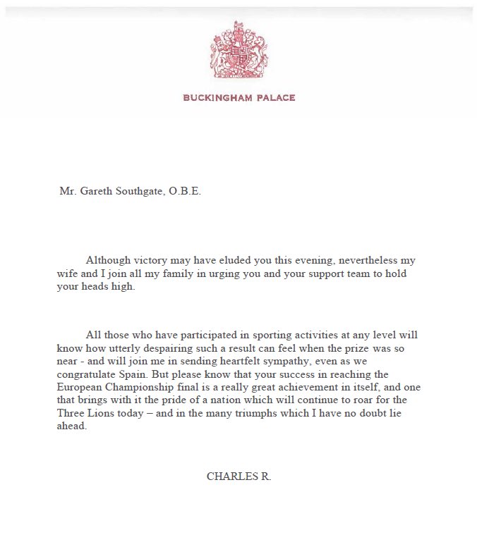 RoyalFamily's tweet image. ⚽️ His Majesty The King has written to Gareth Southgate and the @England team following their loss against Spain at the @EURO2024 final this evening. 
Read the letter below.