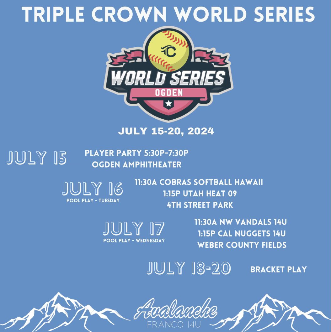 Utah Avalanche Franco (@utahavalanchesb) on Twitter photo Excited for the <a href="/triplecrownspts/">Triple Crown Sports</a> World Series this week! Let’s get it Avalanche! #triplecrownworldseries #IPlayTCS #utahavalanchesoftball Excited for the <a href="/triplecrownspts/">Triple Crown Sports</a> World Series this week! Let’s get it Avalanche! #triplecrownworldseries #IPlayTCS #utahavalanchesoftball