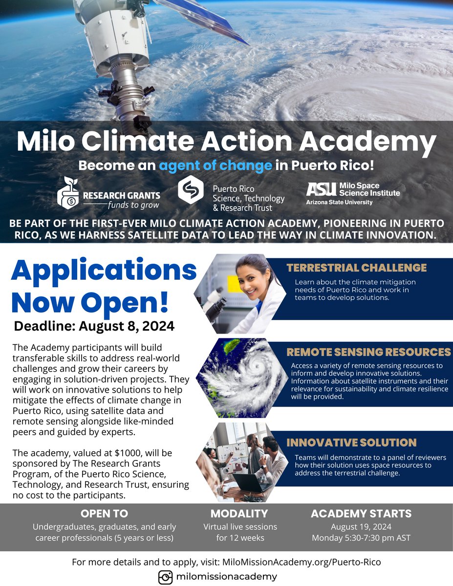 MILOInstitute's tweet image. We are now accepting applications for the Milo Climate Action Academy from university students and early career professionals in from Puerto Rico. Apply now to accelerate your career and develop the critical skills needed to make an impact on the effects of climate change.