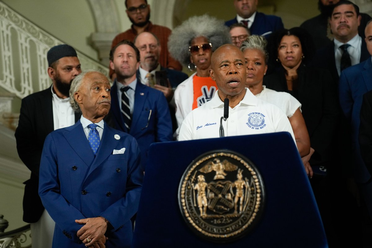 NYCMayor's tweet photo. For far too long, our nation has been in the grip of an escalating political crisis that has torn us in two.

Yesterday, we saw this play out in plain sight in Pennsylvania.

We must all come together and say “enough” to violent political rhetoric. Political violence has no place in America, and it’s up to us to better our current climate.

We are all New Yorkers and Americans. We can and must co-exist in peace.

Thank you to @TheRevAl, @ARBernard, Rabbi Joseph Potasnik, Imam Ahmed Ali Uzir, @JoeBorelliNYC, and other faith and political leaders for joining us today to call for unity following yesterday’s horrific shooting.