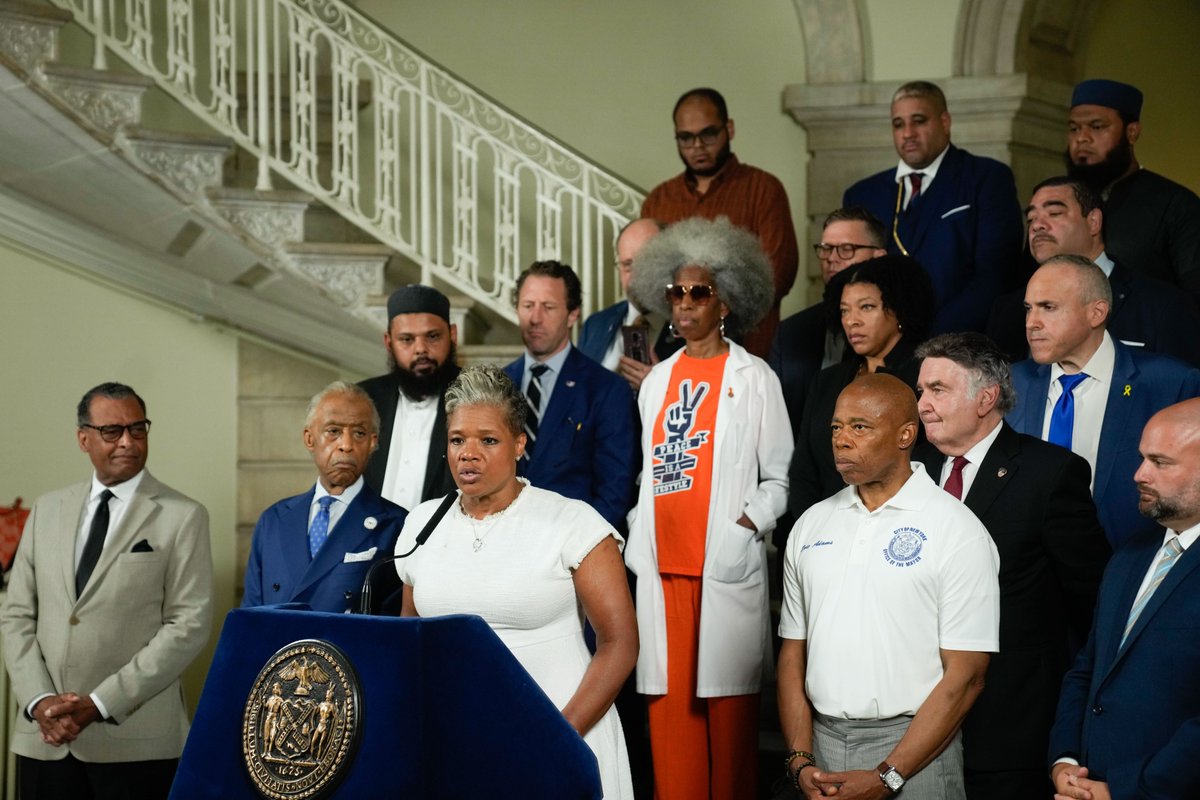NYCMayor's tweet photo. For far too long, our nation has been in the grip of an escalating political crisis that has torn us in two.

Yesterday, we saw this play out in plain sight in Pennsylvania.

We must all come together and say “enough” to violent political rhetoric. Political violence has no place in America, and it’s up to us to better our current climate.

We are all New Yorkers and Americans. We can and must co-exist in peace.

Thank you to @TheRevAl, @ARBernard, Rabbi Joseph Potasnik, Imam Ahmed Ali Uzir, @JoeBorelliNYC, and other faith and political leaders for joining us today to call for unity following yesterday’s horrific shooting.