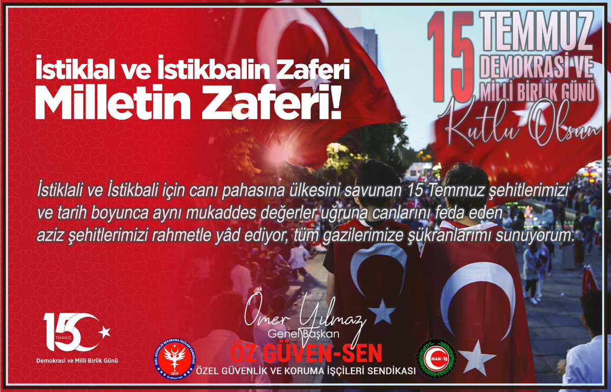 İstiklali ve İstikbali için canı pahasına ülkesini savunan 15 Temmuz şehitlerimizi ve tarih boyunca aynı mukaddes değerler uğruna canlarını feda eden aziz şehitlerimizi rahmetle yâd ediyor, tüm gazilerimize şükranlarımızı sunuyoruz. 

#15Temmuz
#15TemmuzDemokrasiveMilliBirlikGünü
