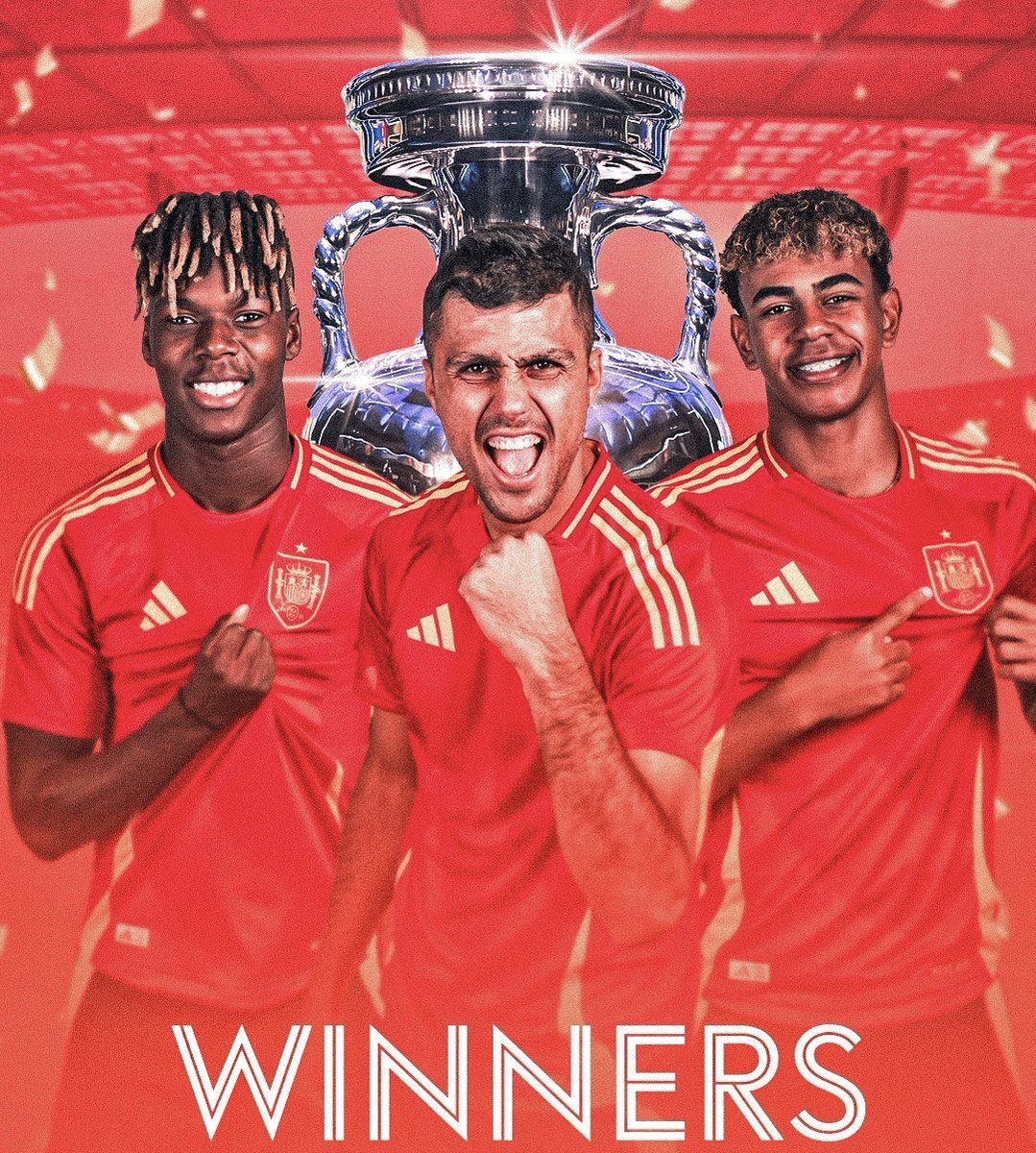 SoccerWorld_N's tweet photo. Spain are EURO 2024 Champions!💪🏆
Their fourth and the most European trophies. 🏅🏆🏆🏆🏆
| Spain vs England | EURO2024 | Walker |  Lamine Yamal | Nico Williams | Bellingham | Cucurella | Gary Neville | https://t.co/vm6SUd7P8A