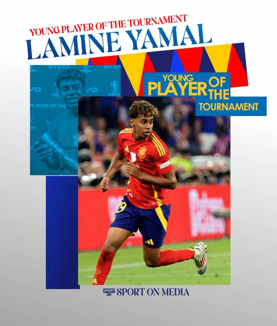 SportOnFootball's tweet photo. LAMINE YAMAL WINS YOUNG PLAYER OF THE TOURNAMENT🇪🇸✨

#EUROFinal #España #Eurocopa2024 https://t.co/UO3d5RmtH2
