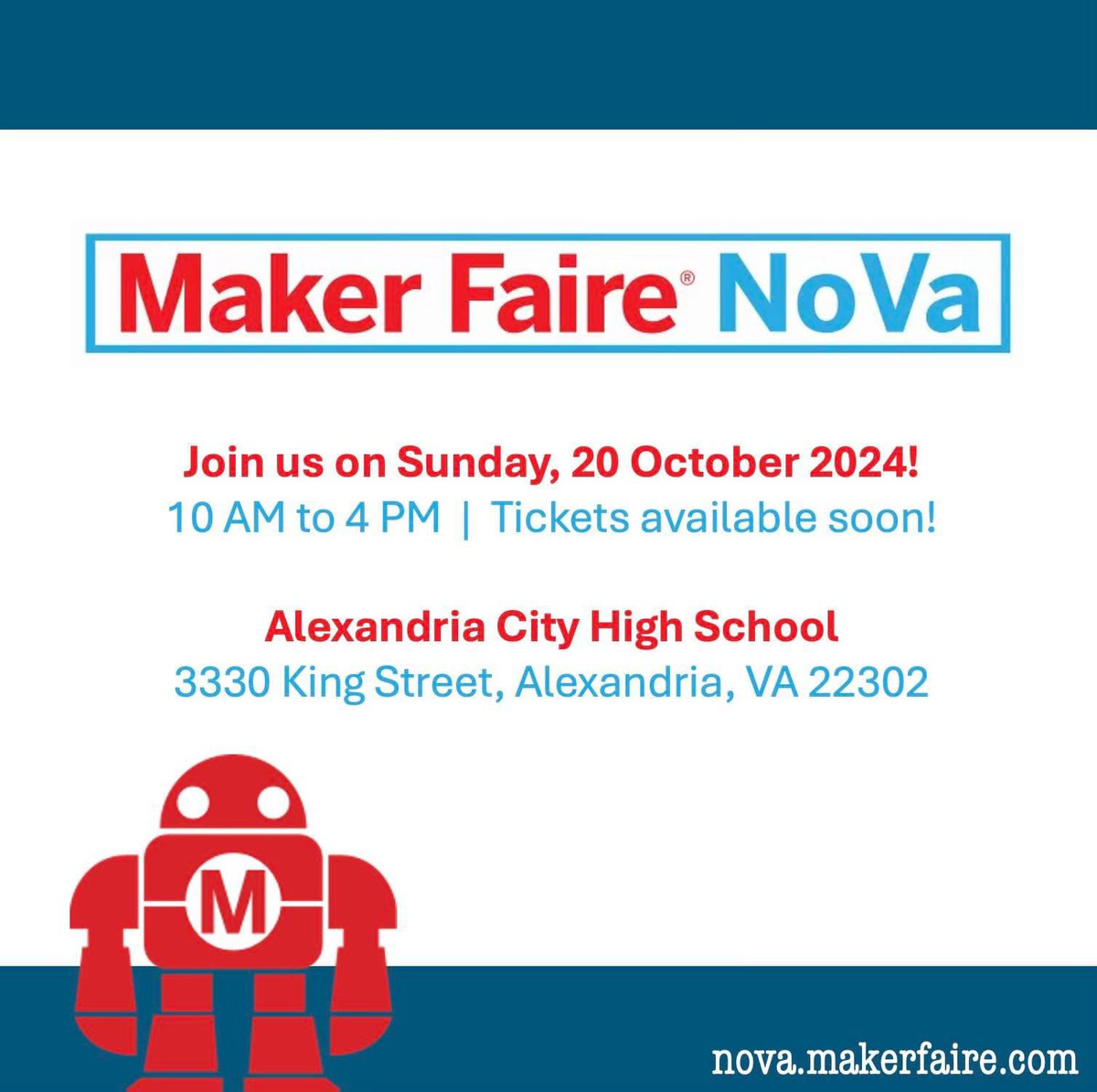 _homemaker's tweet image. 2024 @makerfairenova Alexandria City HS on Sun, 10/20 from 10 AM – 4 PM. BUY TICKETS ONLINE SOON nova.makerfaire.com/tickets/! Need tickets for a worthy cause? Contact us at contact@makerfairenova.com
Early Bird Prices until 8/16
$10 Adult 
$1 Child 
$10 Military/Senior
$20 Family
