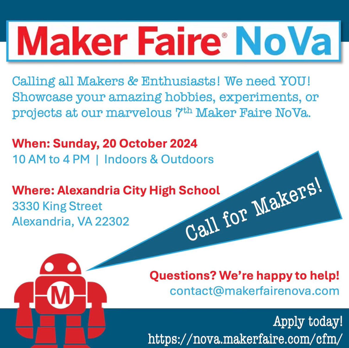 _homemaker's tweet image. 2024 @makerfairenova Alexandria City HS on Sun, 10/20 from 10 AM – 4 PM. BUY TICKETS ONLINE SOON nova.makerfaire.com/tickets/! Need tickets for a worthy cause? Contact us at contact@makerfairenova.com
Early Bird Prices until 8/16
$10 Adult 
$1 Child 
$10 Military/Senior
$20 Family