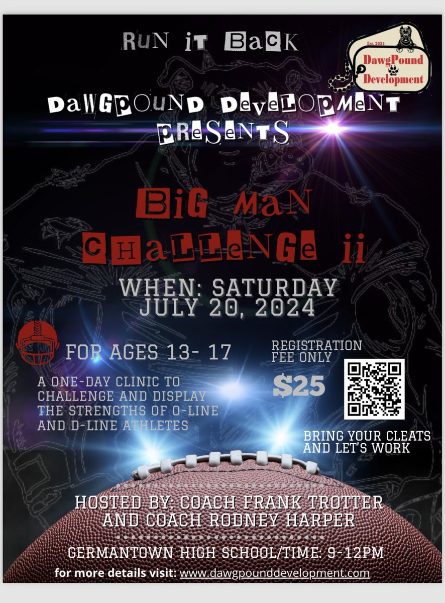 We back at it Camp number 2. We going up Saturday all the 7v7 talk is over. We all know this game won in the trenches. Who got the TOUGHEST DAWGS IN THE CITY❗️❗️❗️❗️ Calling all Dawgs. You can Register at Dawgpounddevelopment.com registration will be available on site as well.