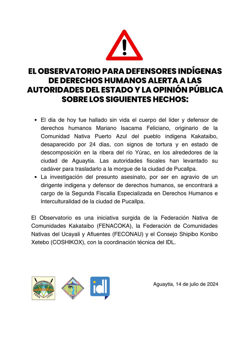 Ideele's tweet photo. 🚨 #URGENTE El Observatorio para Defensores Indígenas de Derechos Humanos ALERTA a las autoridades del Estado y la opinión pública sobre los siguientes hechos: https://t.co/lgPUfLWVxq