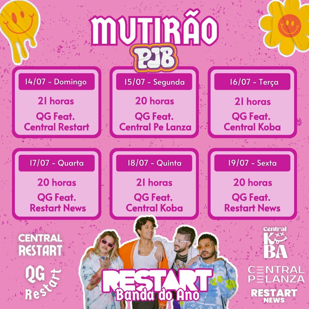 🩷 MUTIRÃO RESTART PJB 🩷

A <a href="/banda_restart/">Banda Restart</a> está concorrendo como Banda do Ano no <a href="/PremioJovem/">@premiojovem</a> e chegou a hora de juntar toda a Família trazer mais esse prêmio 🤩

Ao longo das próximas semanas estaremos em feat. com outros FC's, unidos em mutirão e precisamos da sua ajuda! 🫶🏼