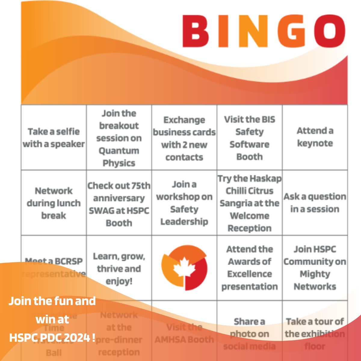 HSPCanada's tweet image. #PDC2024 Bingo is here! Engage with every corner of the conference by attending sessions, visiting booths, and networking with peers. It&apos;s not just about collecting stamps; it&apos;s about making connections and learning. #JoinTheCommunity #ConferenceBingo