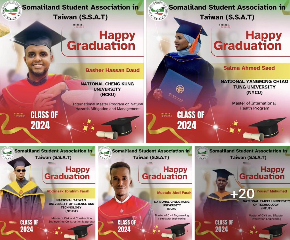 🎓 Congratulations to Our Graduates in Taiwan! 🎓

Waxaan hambalyo iyo bogaadin u diraynaa 24 arday oo sannadkan ka qalinjabiyay jaamacadaha Taiwan. Alle ha idinka yeelo kuwii aqoontooda ku anfaca dadka iyo dalka. Guulaysta Dhamaantiin, ardayda Somaliland ee Taiwan waxaad kala