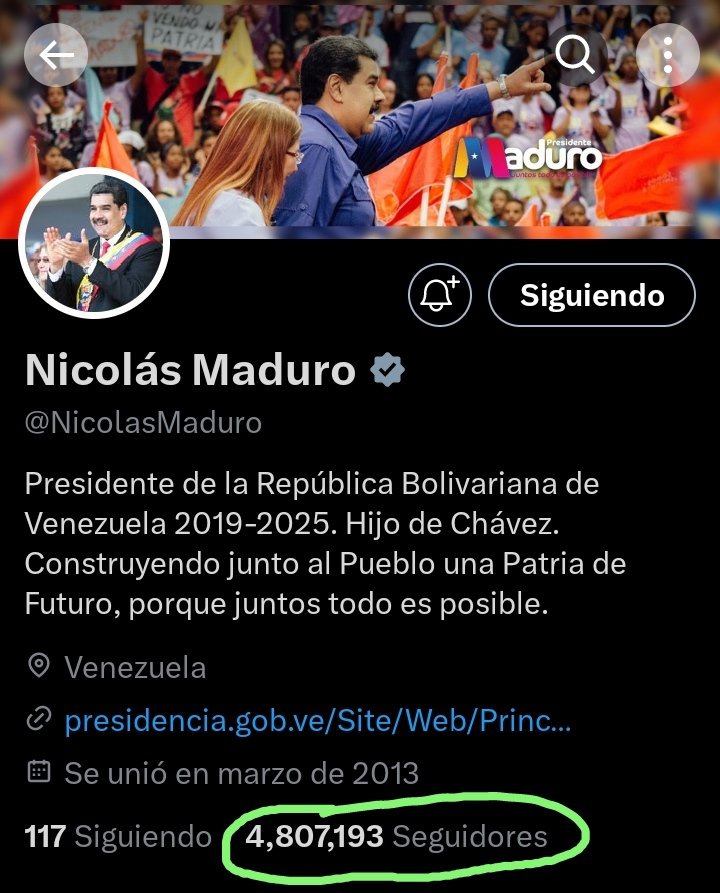 El Pdte <a href="/NicolasMaduro/">Nicolás Maduro</a> está cerca de los 5 millones de seguidores en su cuenta X, demostrando su gran apoyo que tiene del pueblo venezolano.

Cuando gane el 28J, superará esa cifra y seguirá creciendo su respaldo!!!