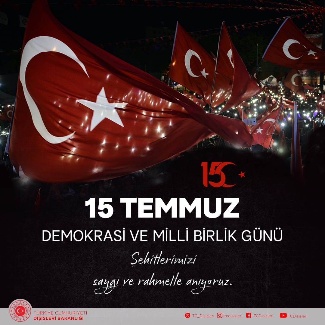 15 Temmuz hain darbe girişimine karşı vatanımız ve bayrağımız uğruna canlarını feda ederek demokrasimize sahip çıkan kahraman şehitlerimizi rahmet ve minnetle anıyor, gazilerimize derin şükranlarımızı sunuyoruz. 

Demokrasi ve Millî Birlik Günü'müz kutlu olsun!🇹🇷