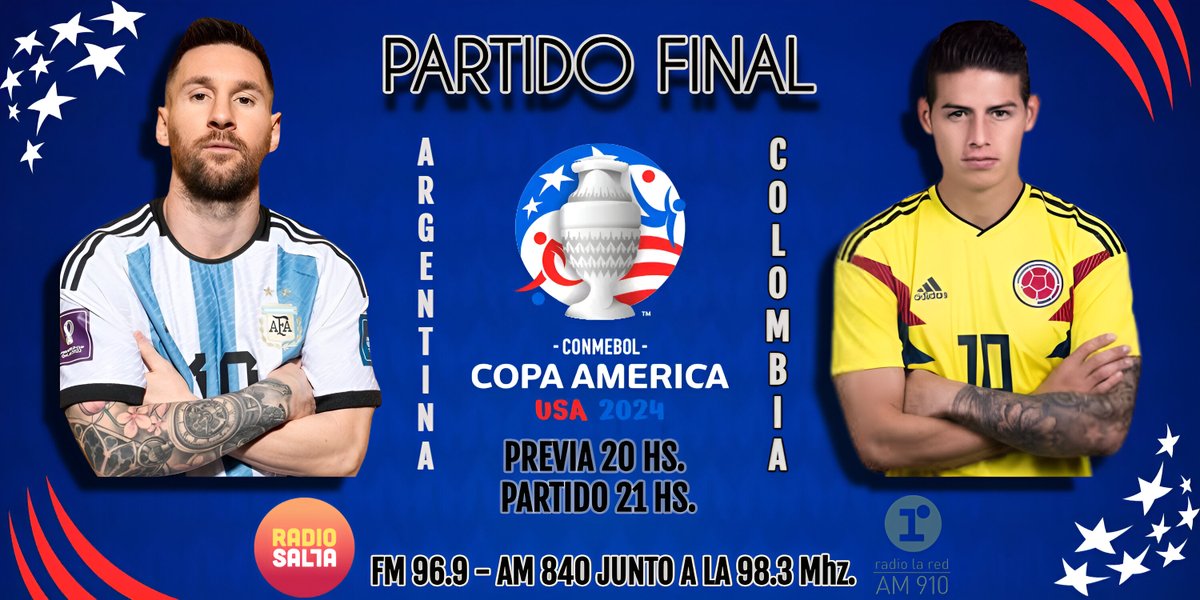 RadioSaltaAM840's tweet photo. #COPAAMÉRICA2024 | ¡Coronados de gloria vivamos, o juremos por gloria morir! La Albiceleste va en busca de la cuarta estrella en el ciclo Scaloni en el partido final ante Colombia.

#RADIOSALTA 96.9 y AM 840 junto a radio #LaRed 98.3 Mhz. https://t.co/bIoZr4DHGO