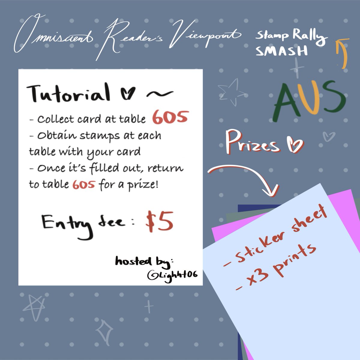 lighht06's tweet photo. Hosting an Aussie themed Orv stamp rally for #smashcon2024 ! 

It’s a $5 entry fee at table 605 ❤️ FCFS with limited prizes 

Participating artists: @nemomosso @miyabau @miilkk0 @ravefirell @jessehuang52 @apric0tfield @alienmandy_ @ruichienn https://t.co/t2BcmuKcSN