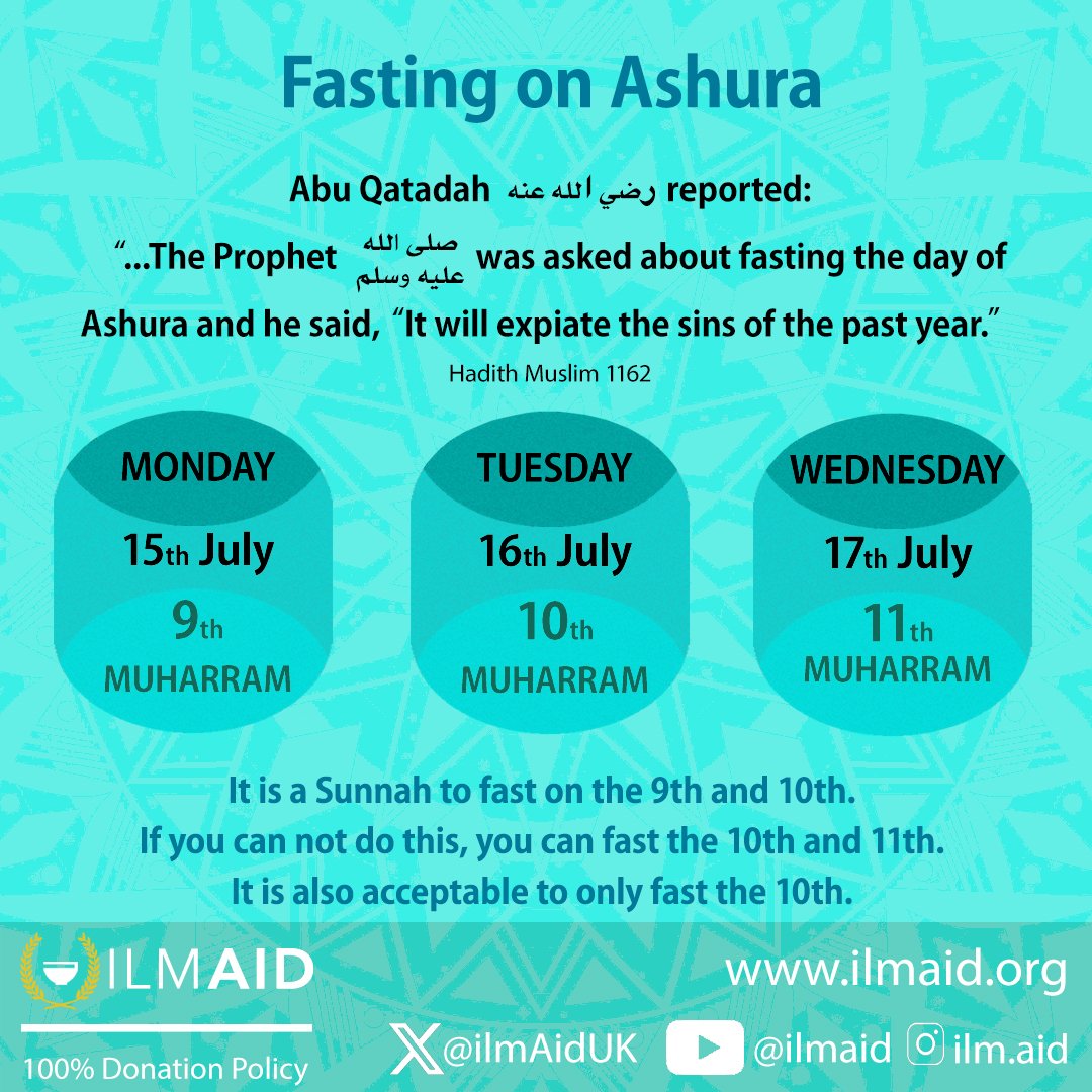 ilmAidUK's tweet photo. Fasting tomorrow, Monday and Tuesday.
Day of Ashura is on Tuesday, but it is the sunnah to fast a day with it, so Monday. Can also fast Wednesday with Tuesday. And also acceptable to just fast on Tuesday.
#ilmAid #Ashura #Islam #Muslim #Charity https://t.co/ONWFGVcpuc