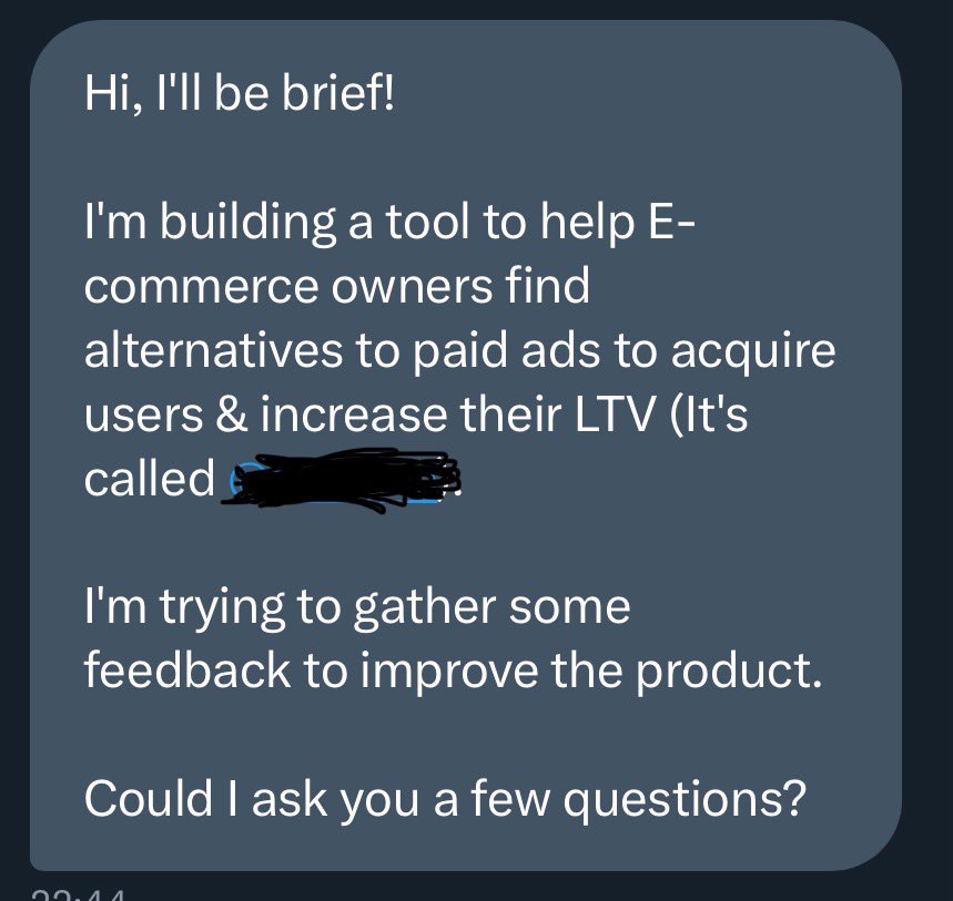 Why on earth would I respond to this. First of I aint reading allat, secondly after reading allat I don’t even know what the hell he’s selling.

For outreach you need to be direct &amp; clear, i.e:

”I can increase your LTV by 30% using my tool by doing A &amp; B, you can try it for free
