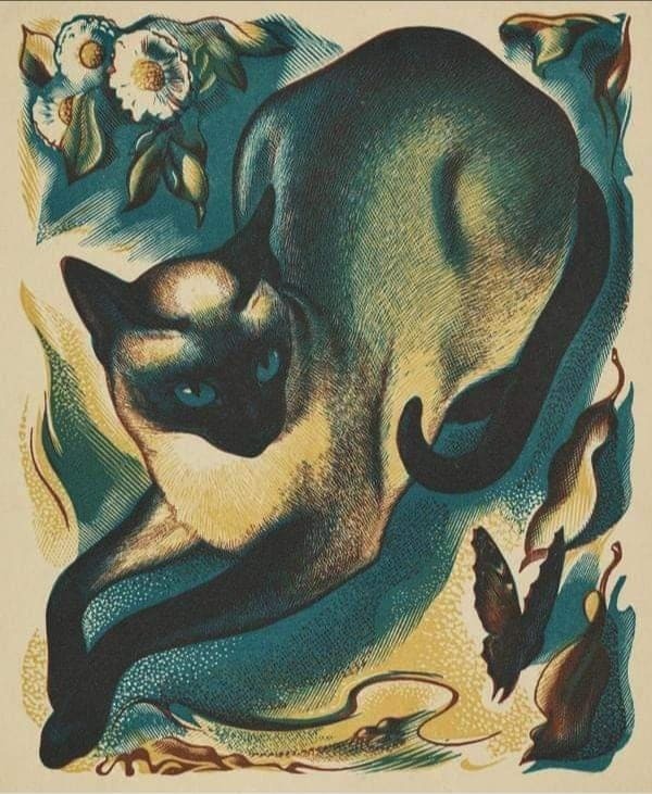sovietsoleri's tweet image. Agnes Miller Parker. "Siamese Cat and Butterfly," 1939.