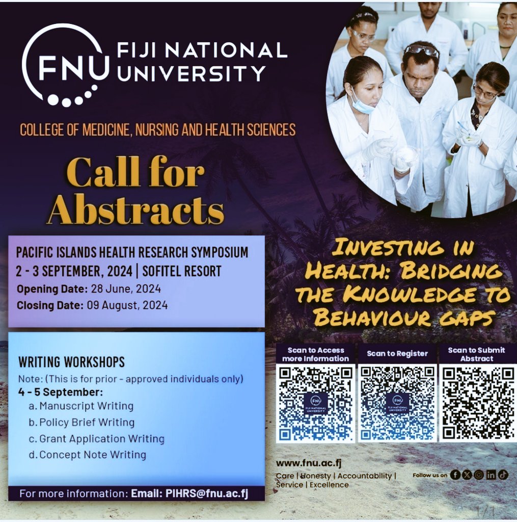 Fiji Institute of Pacific Health Research (@healthfiji) on Twitter photo 📢Call for Abstracts! for the upcoming #PIHRS2024 ends in August - a major #HealthResearch #platform for the #PacificRegion to share #findings & #evidencebased #results to #inform #policymakers
A #flagship event for #FIPHR <a href="/FNUFijiMedical/">FNU College of Medicine, Nursing and Health Sci</a>
#ImpactfulResearch #LeavingNoOneBehind 📢Call for Abstracts! for the upcoming #PIHRS2024 ends in August - a major #HealthResearch #platform for the #PacificRegion to share #findings & #evidencebased #results to #inform #policymakers
A #flagship event for #FIPHR <a href="/FNUFijiMedical/">FNU College of Medicine, Nursing and Health Sci</a>
#ImpactfulResearch #LeavingNoOneBehind