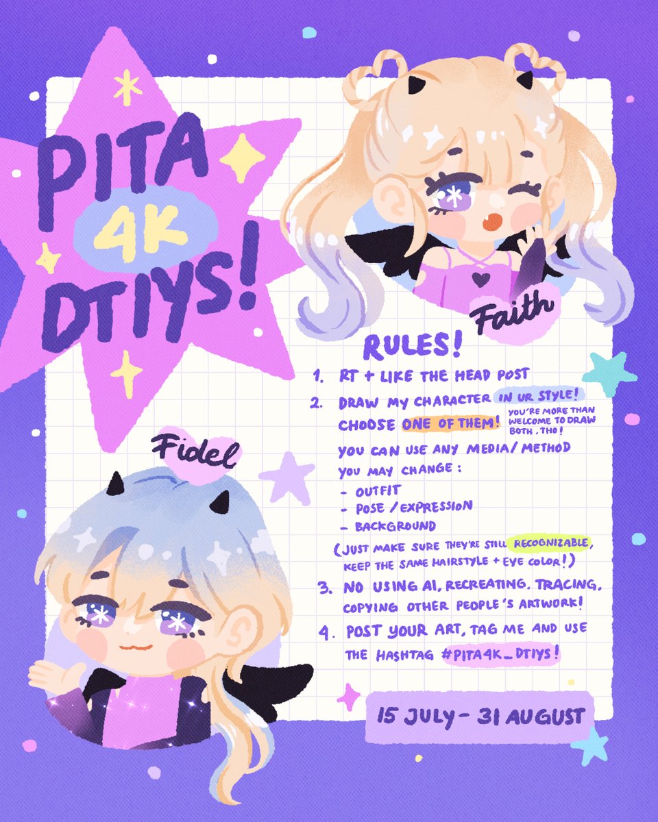 PlT_A_PAT's tweet photo. Hey, everyone! Thank you so much for 4K 🥺🫶 
to celebrate, I’m hosting my 3rd DTIYS! This time features my new twin OCs, Faith &amp; Fidel! 🌈 

Winners’ prizes!
1st - Half body art (Style A/B)
2nd - Full body Chibi art 
3rd - Any of my 1 chara YCH! 

✨ HAVE FUN!! 💫 #PITA4K_DTIYS https://t.co/Lg8OQyyRaa