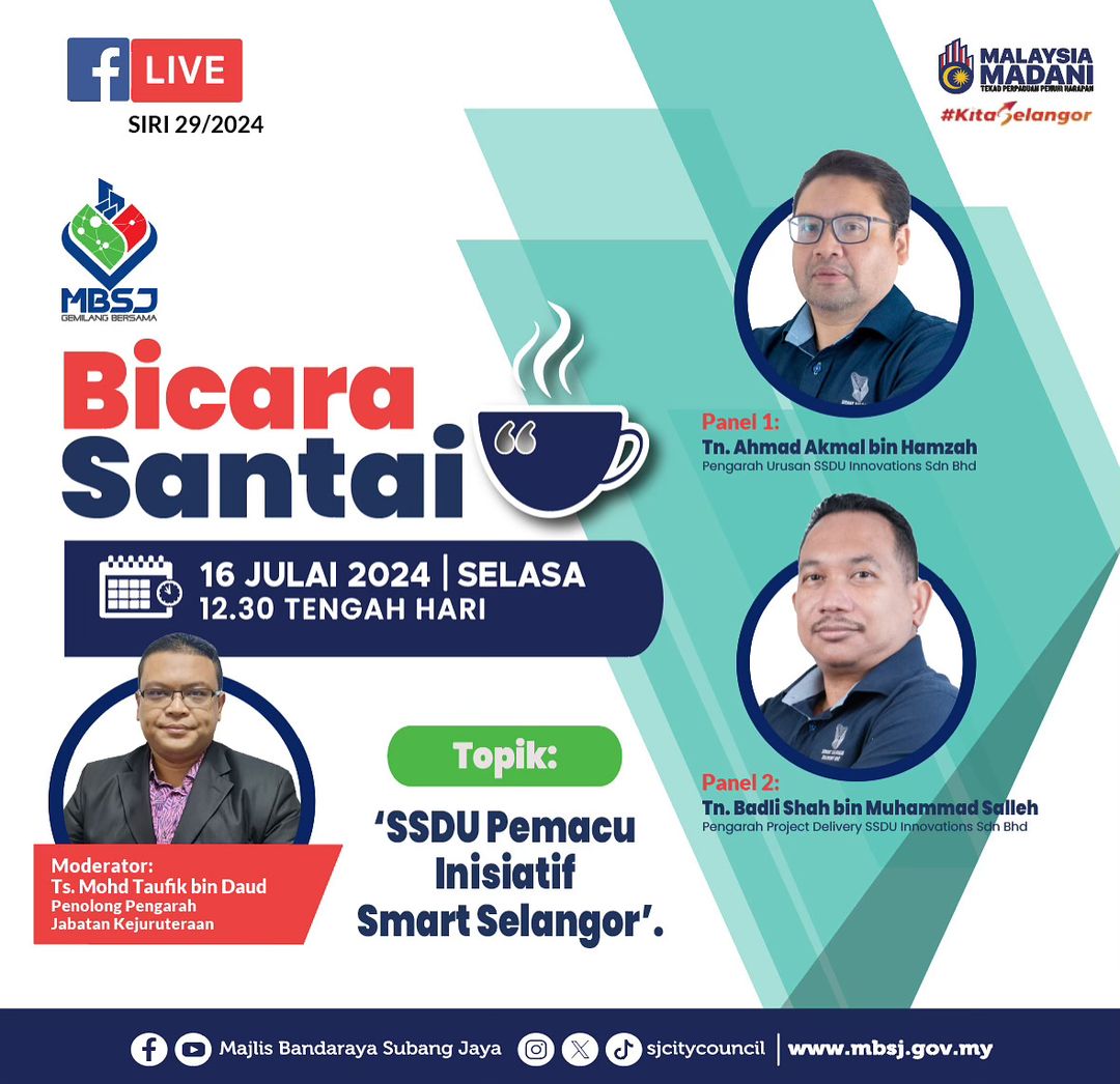 Smart_Selangor's tweet image. Ikuti Bual Bicara Santai anjuran Majlis Bandaraya Subang Jaya untuk mengetahui dengan lebih terperinci berkenaan peranan SSDU sebagai pemacu inisiatif Smart Selangor. 

Live boleh di tonton di FB MBSJ esok hari, pukul 12:30 tengah hari.

#bicarasantaimbsj #SmartSelangor #SSDU