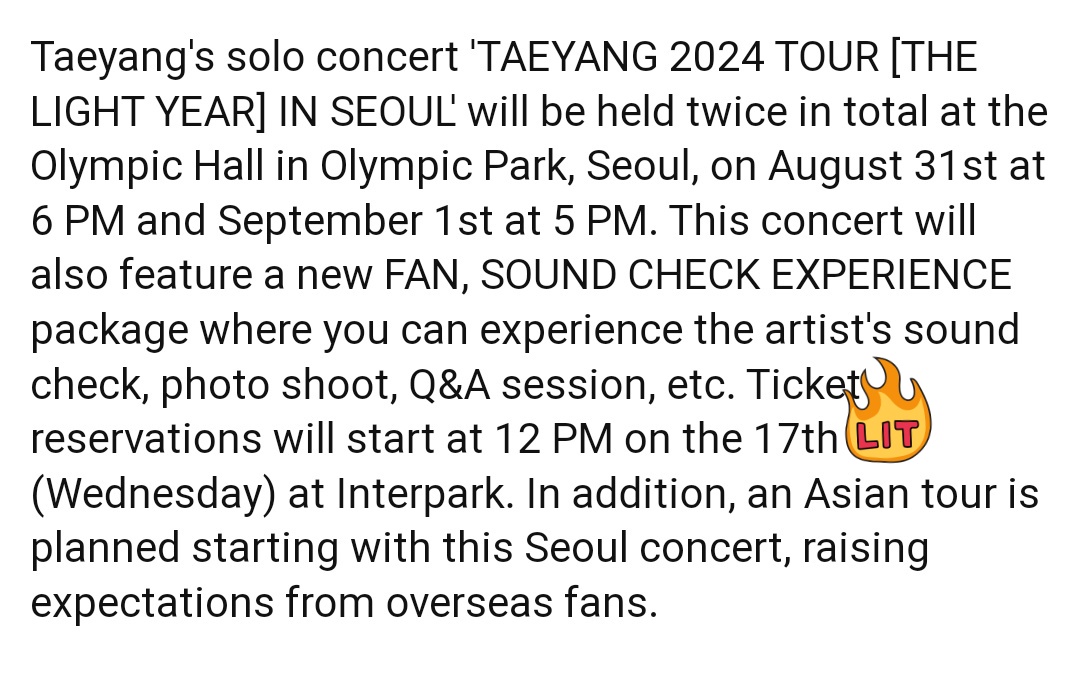 tttop131kon's tweet photo. TAEYANG 2024 ASIA TOUR IS COMING!! Starting with Seoul concert 😭

"An Asian tour is planned starting with this Seoul concert, raising expectations from overseas fans" https://t.co/F1JxYvg9YO

#TAEYANG #BIGBANG #태양 #빅뱅 @Realtaeyang https://t.co/to0WoDZg5C