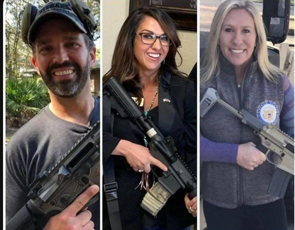 Ladagoval's tweet photo. The glorification of guns and incitement of violence by Trump and Republicans MUST END!
#nonviolence #pace #RepublicansAgainstTrump #TrumpAssassinationAttempt 
#Love https://t.co/pgZPZWW44h