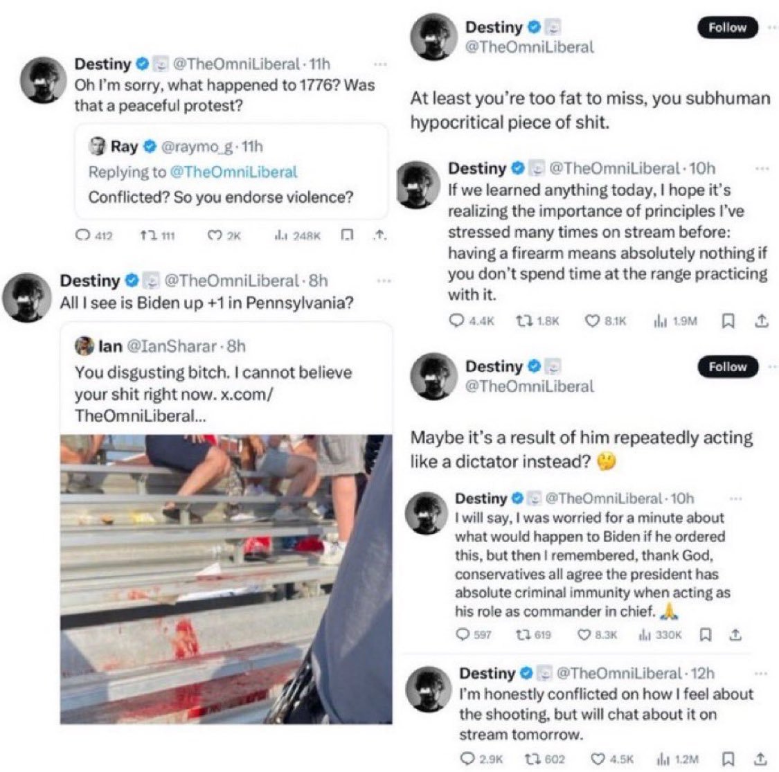 KeithWoodsYT's tweet photo. Destiny spent the past day justifying the attempted murder of Donald Trump and gloating about the the actual murder of his supporters

Since he came out as a staunch supporter of Israel last year, figures like Lex Fridman, Piers Morgan, Jordan Peterson, Ben Shapiro and others https://t.co/KzbIDFCQ5N