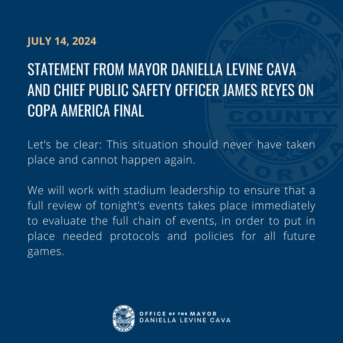 MayorDaniella's tweet photo. We are outraged by the events at tonight’s Copa America final. My joint statement with @ChiefJamesReyes here: https://t.co/aaQ6NntJsM