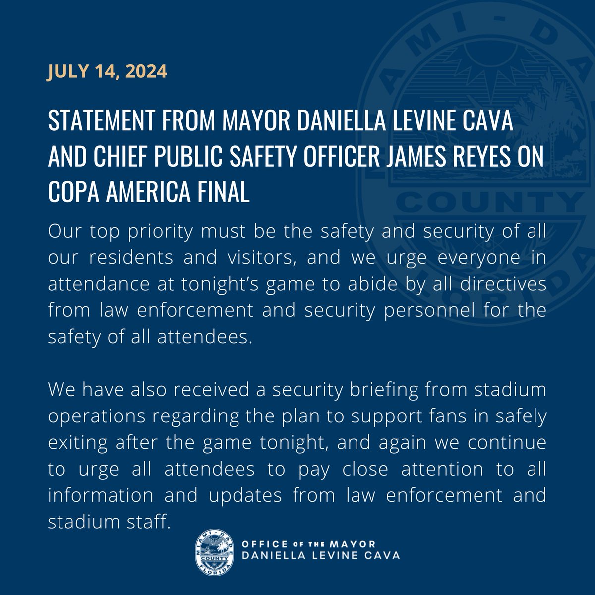 MayorDaniella's tweet photo. We are outraged by the events at tonight’s Copa America final. My joint statement with @ChiefJamesReyes here: https://t.co/aaQ6NntJsM