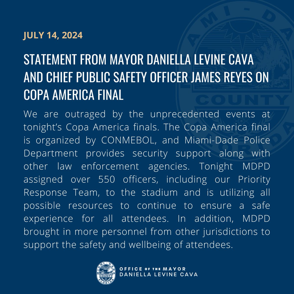 MayorDaniella's tweet photo. We are outraged by the events at tonight’s Copa America final. My joint statement with @ChiefJamesReyes here: https://t.co/aaQ6NntJsM