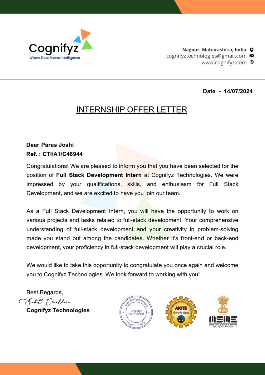 Paras_Joshi217's tweet image. Excited to announce that I&apos;ve started my journey as a Full Stack Development Intern at Cognifyz ! 🚀 

This internship is a fantastic opportunity to expand my knowledge, develop my skills, and contribute to the innovative solutions ! 🎯 

 #cognifyz #cognifyzTech #intership