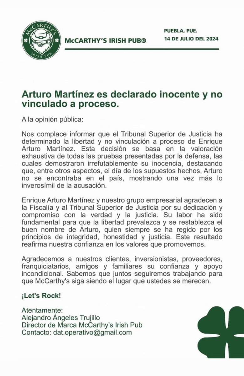 #AlMomento // directivos de <a href="/McCarthys_Offic/">McCarthy's Irish Pub</a> 
lanzaron un comunicado en donde confirmaron la #inocencia de Enrique Arturo Martínez, fundador de #FreeAndGreen y de dicho #pub, también agradecieron el trabajo de las autoridades…aquí 👇🏻 la información detallada