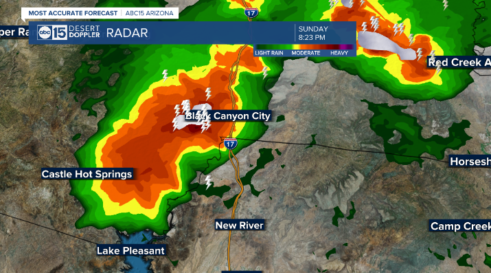 Severe thunderstorm moving through Black Canyon city Castle Hot Springs  - moving south into Lake Pleasant and the surrounding areas. <a href="/abc15/">ABC15 Arizona</a>  Heavy rain, lightning and hail with strong winds being reported.