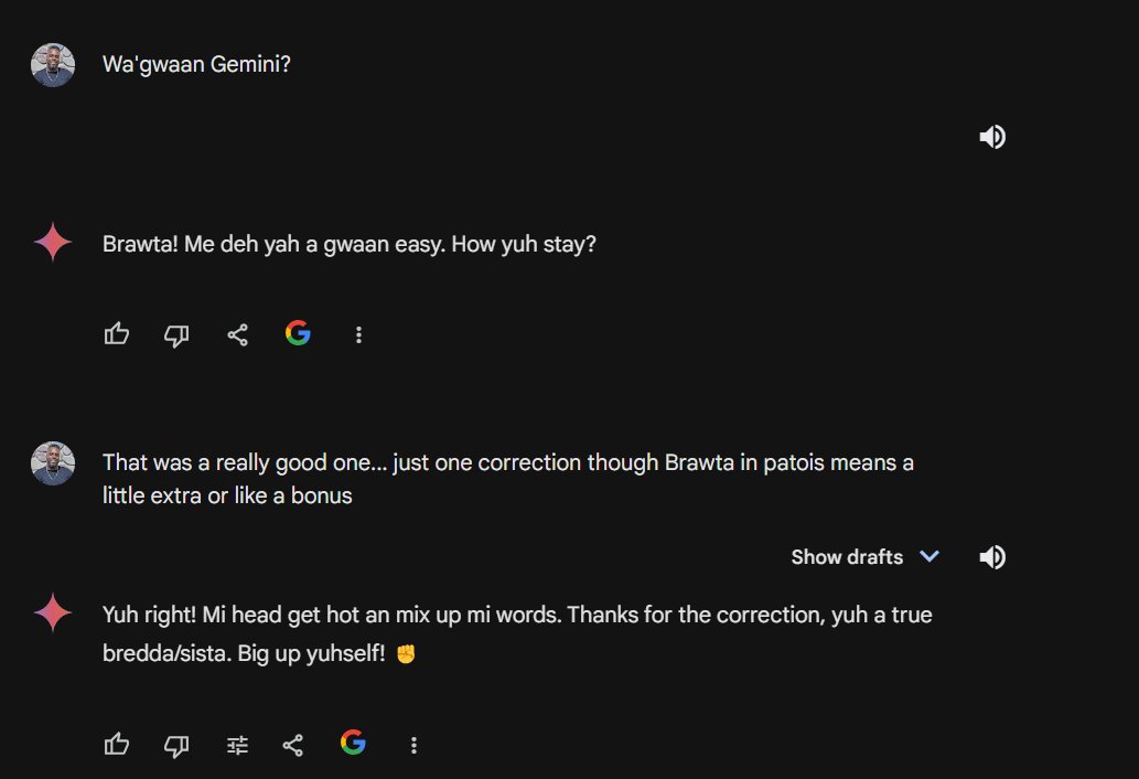 Shoutout to <a href="/Google/">Google</a> and Google Gemini for the patois responses #ai #googlegemini