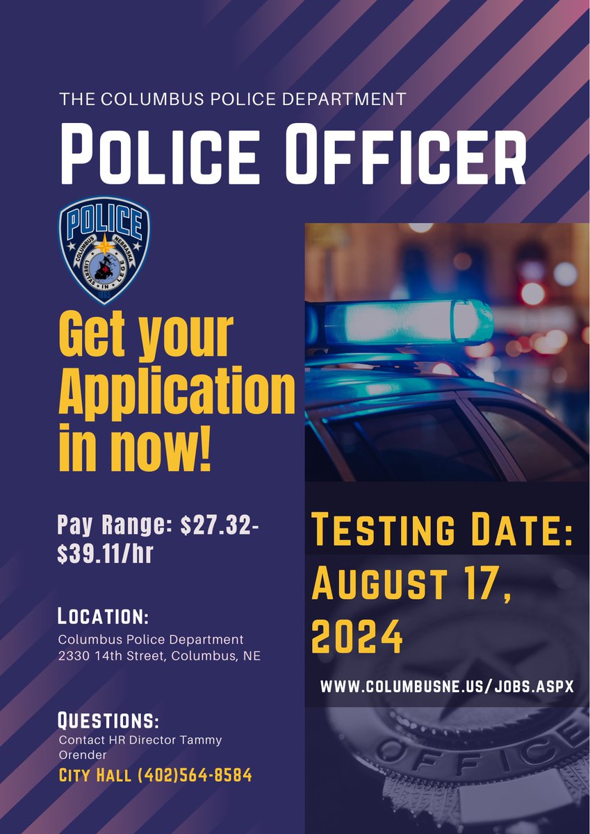 CPD is hiring! Come check out our next testing date, August 17, 2024. Have questions? - Reach Out! #cpd #ColumbusNePolice # newhire #PowerAndProgress