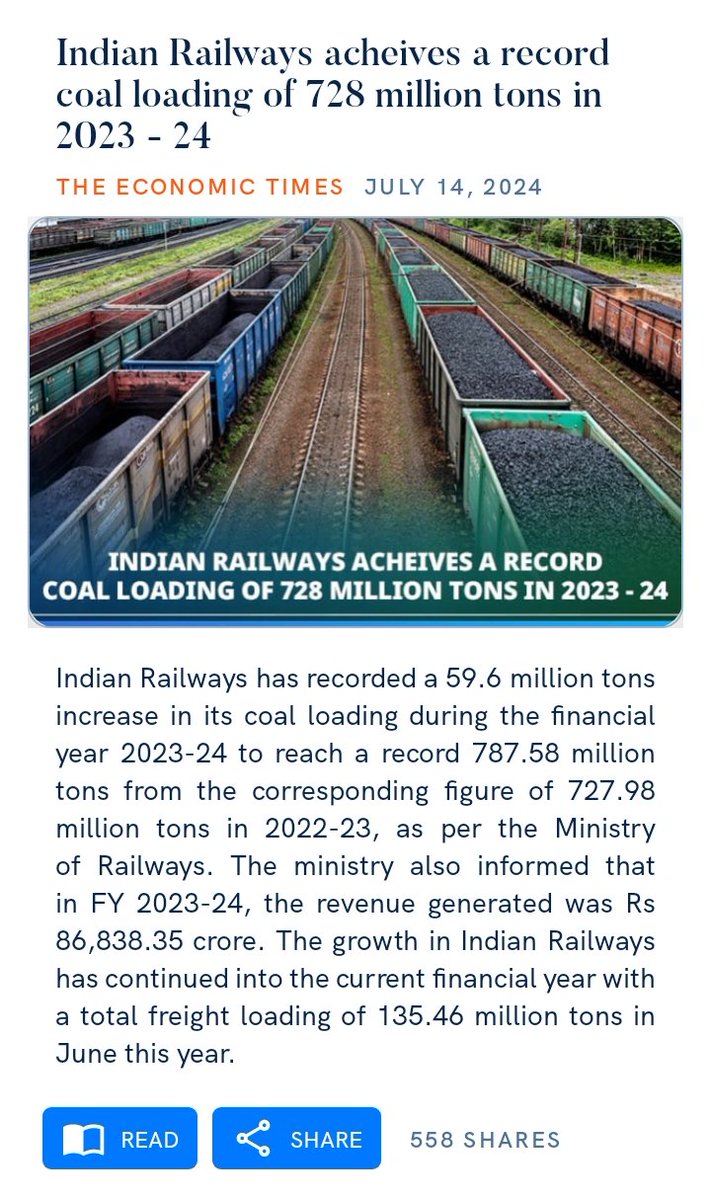 tridib_bordoloi's tweet photo. #IndianRailways acheives a record #coalloading of 728 million tons in 2023 - 24
https://t.co/P1IWmeNHpW

#growth https://t.co/K7J9RnPOIu