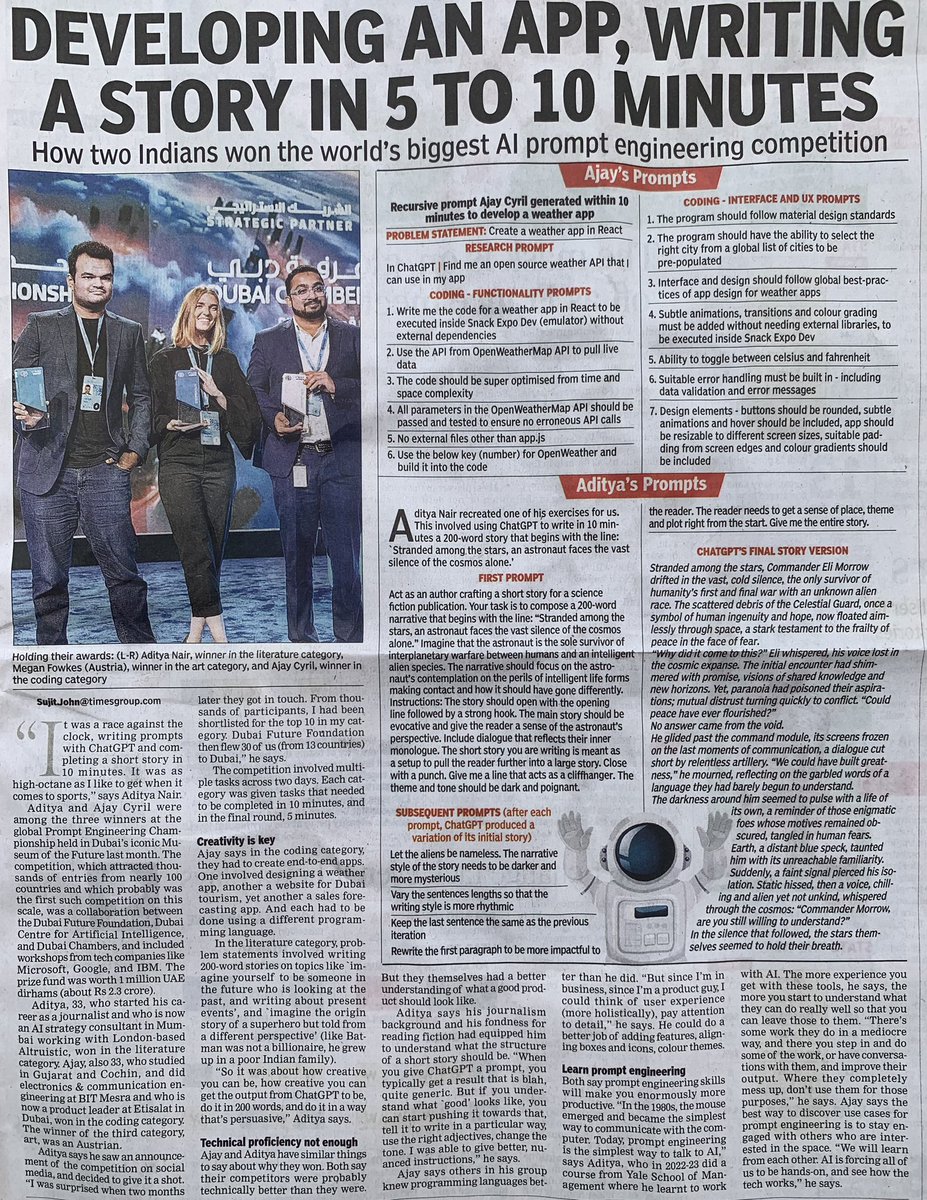 HealthFIPassion's tweet photo. GenAI Prompt Engineers‼️ 

With the kind of championships that have already started in AI space, there is an immense potential & opportunities for those who can upskill & establish their fitment faster than the speed of tech changes!

Let’s start with sharpening one’s prompt engineering skills!

Setting the right context, keeping a succinct prompt & utilizing in a real situation - Helps in professional life, even more helpful in personal life 🤓

Congratulations #AdityaNair @ajcyril @meganfowkes & thanks a lot @sujitjohn for covering such forward looking Learning story!

Good morning & Happy Learning!

#HealthFIPassion #GenAI #GenerativeAI #PromptEngineering  #Upskill #MondayMotivation