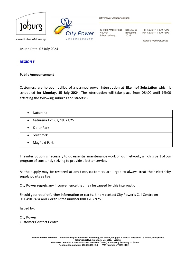 CityPowerJhb's tweet photo. #CityPowerUpdates
#PlannedMaintenance
#ReuvenSDC
REGION F
Customers are hereby notified of a planned power interruption at Eikenhof Substation which is scheduled for Monday, 15 July 2024. The interruption will take place from 08h00 until 16h00. ^TM https://t.co/ku5nTUgRsi