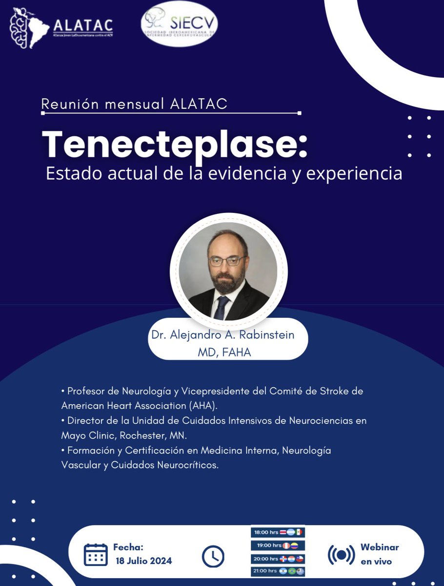 🚨Alerta de #Webinar !

El comité de educación #ALATAC tiene el honor y agrado de invitarlos a la próxima reunión mensual, con un invitado de lujo 💎

El Dr Alejandro Rabinstein, FAHA
<a href="/MayoClinic/">Mayo Clinic</a>

Tema: 💉#Tenecteplase
🗓️18 Julio 

Inscríbete aquí👇

us02web.zoom.us/webinar/regist…