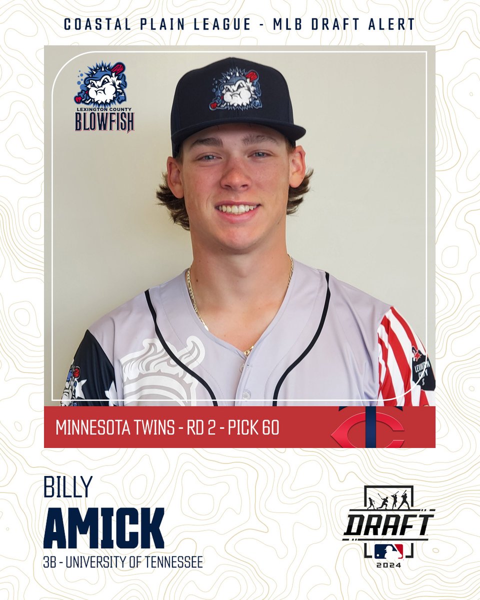 Coastal Plain League (@cplbaseball) on Twitter photo Next in the 2024 <a href="/MLB/">MLB</a> Draft are a couple of <a href="/GoBlowfish/">Blowfish Baseball</a> alums - Cole Mathis of <a href="/CofCSports/">#TheCollege 🌴</a> and <a href="/billyamick/">Billy Amick</a> of <a href="/Vol_Sports/">Tennessee Athletics</a>. Mathis went 54th overall to <a href="/Cubs/">Chicago Cubs</a>, while Amick was drafted by the <a href="/Twins/">Minnesota Twins</a> with the 60th pick. Both spent the 2022 summer in Lexington. Congrats guys! 👏💪 Next in the 2024 <a href="/MLB/">MLB</a> Draft are a couple of <a href="/GoBlowfish/">Blowfish Baseball</a> alums - Cole Mathis of <a href="/CofCSports/">#TheCollege 🌴</a> and <a href="/billyamick/">Billy Amick</a> of <a href="/Vol_Sports/">Tennessee Athletics</a>. Mathis went 54th overall to <a href="/Cubs/">Chicago Cubs</a>, while Amick was drafted by the <a href="/Twins/">Minnesota Twins</a> with the 60th pick. Both spent the 2022 summer in Lexington. Congrats guys! 👏💪