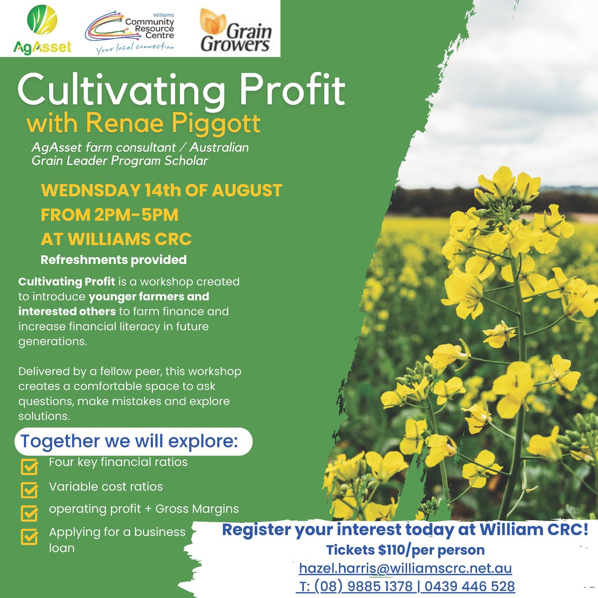 PiggottRenae's tweet photo. I'm excited to facilitate another Cultivating Profit workshop after having great feedback at my first one earlier in the year in Merredin. This time I will be holding one down in Williams in partnership with Williams CRC. Look forward to seeing you there! https://t.co/vNImLCl4WE