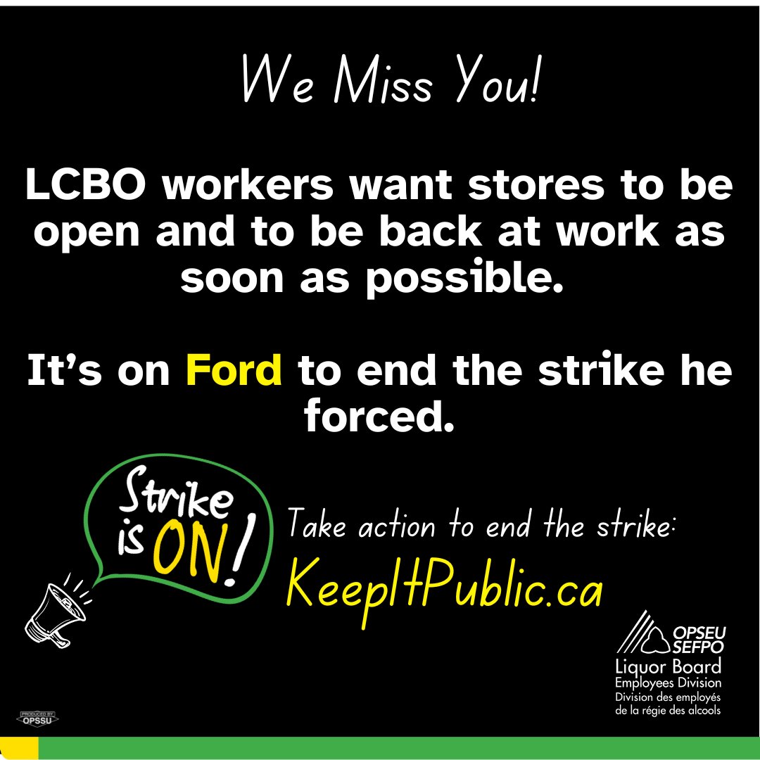 LCBO stores to remain closed for the duration of the strike. It’s on @FordNation to end #FordsDrySummer – he’s the one who forced the strike. Send the LCBO back to the table ready to negotiate a deal that protects good jobs &amp; public revenues. More info:⤵️opseu.org/uncategorized/…